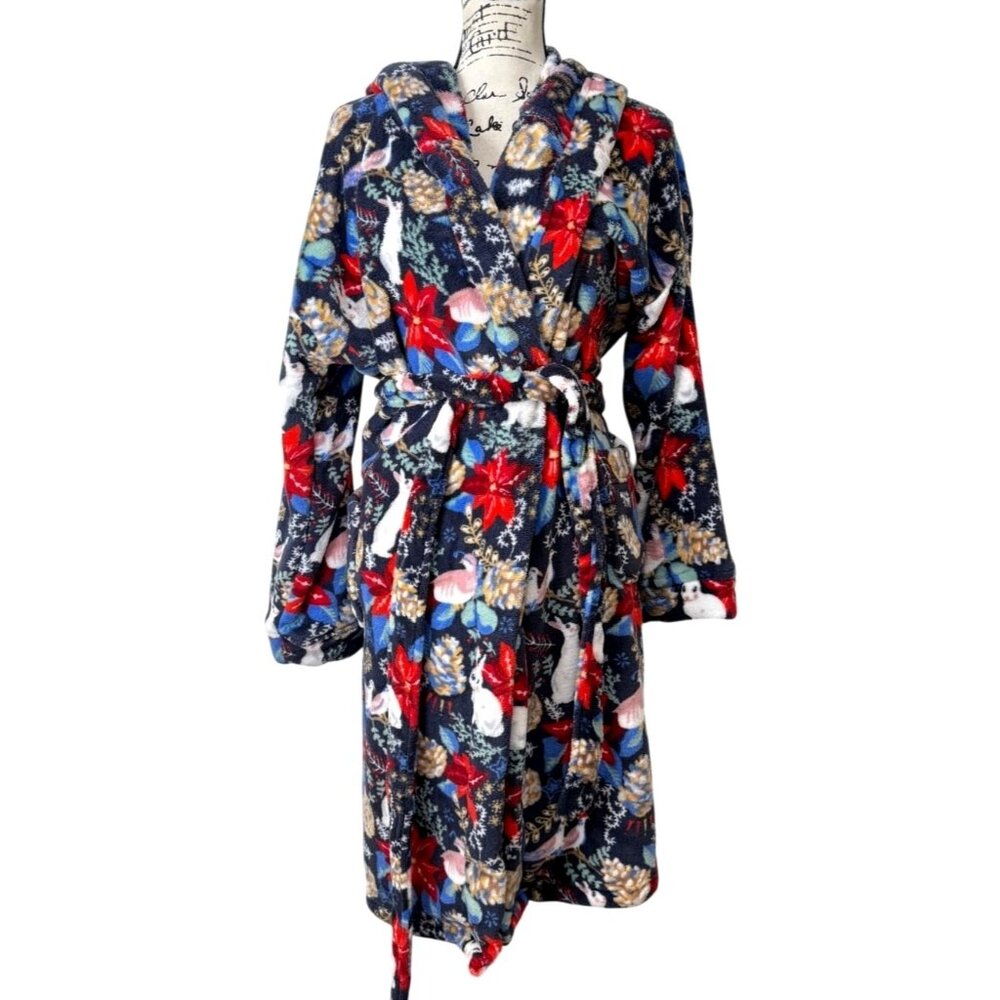 Vera Bradley Women Size L/XLHooded Robe Winter Forest Plush Blue Red Bunny Bird